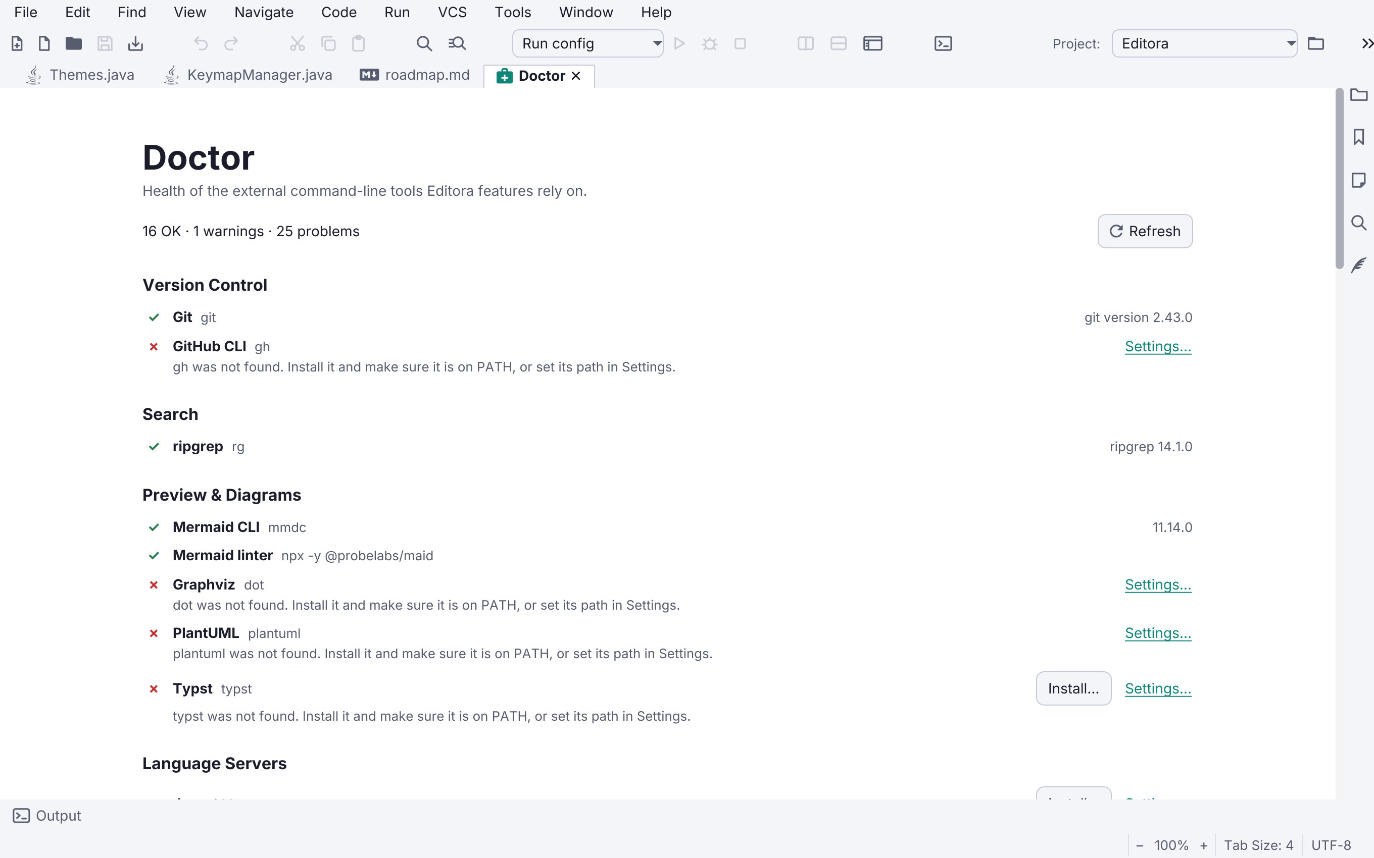 Editora's Doctor screen listing external tools with found, warning, and missing status