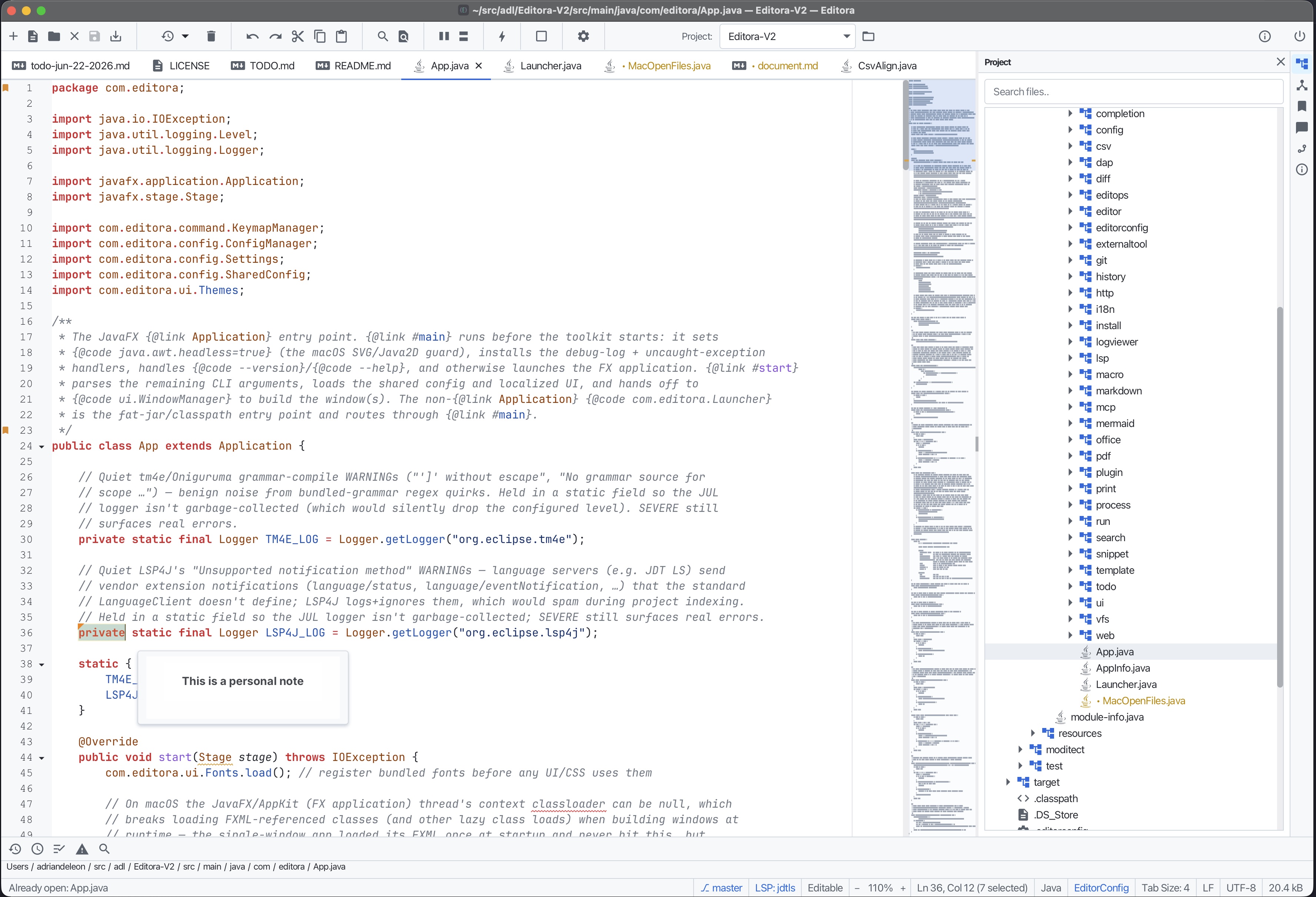 The Editora editor: a Java file with syntax highlighting, line-number gutter with bookmarks, minimap, and status bar