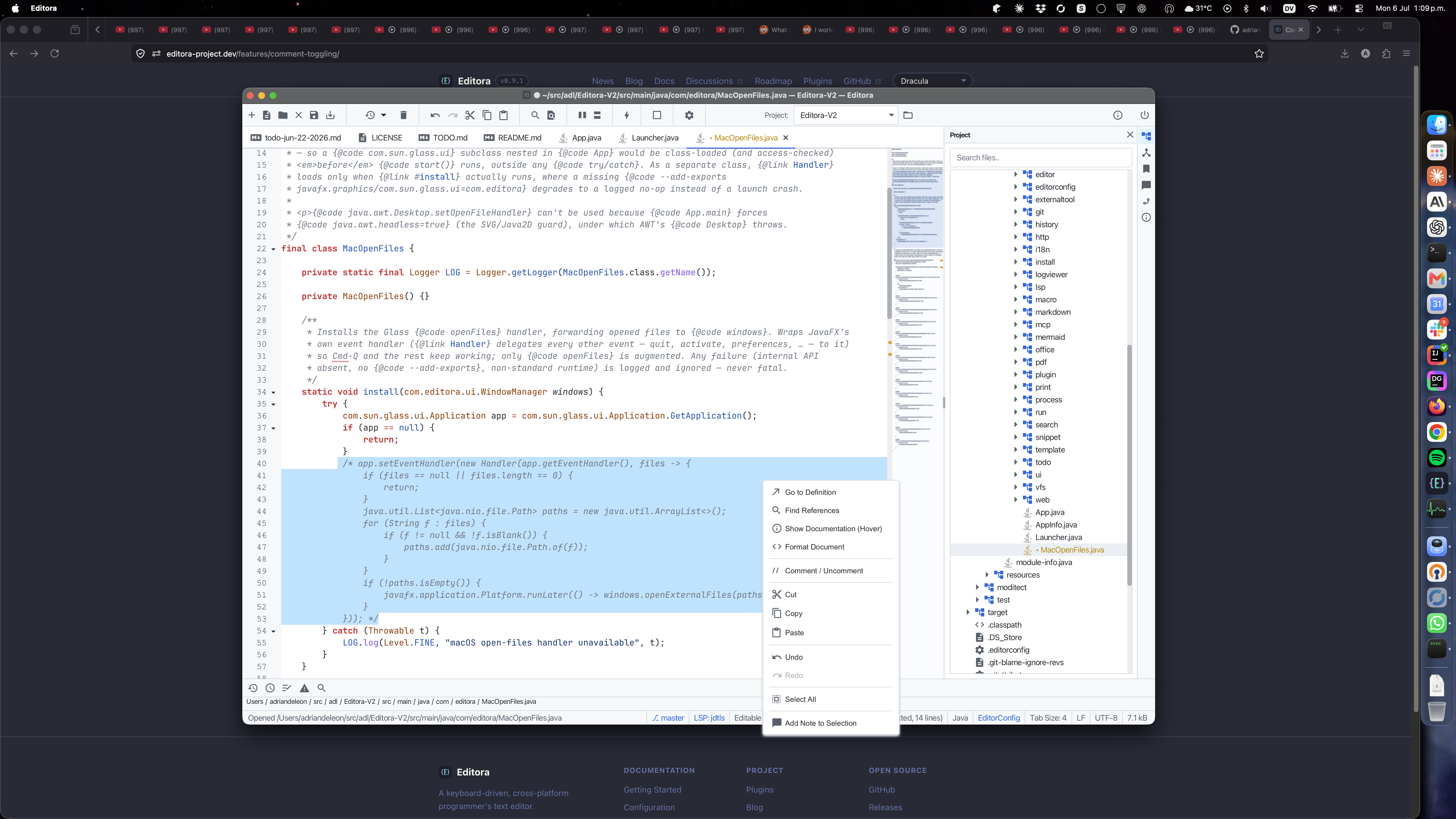 Comment toggling in Editora