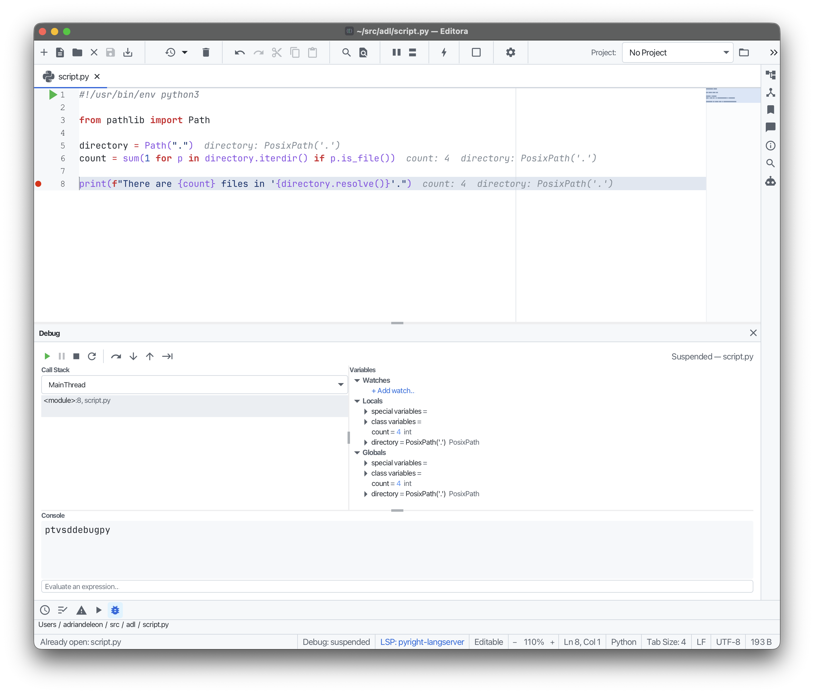 Debugging (DAP) in Editora
