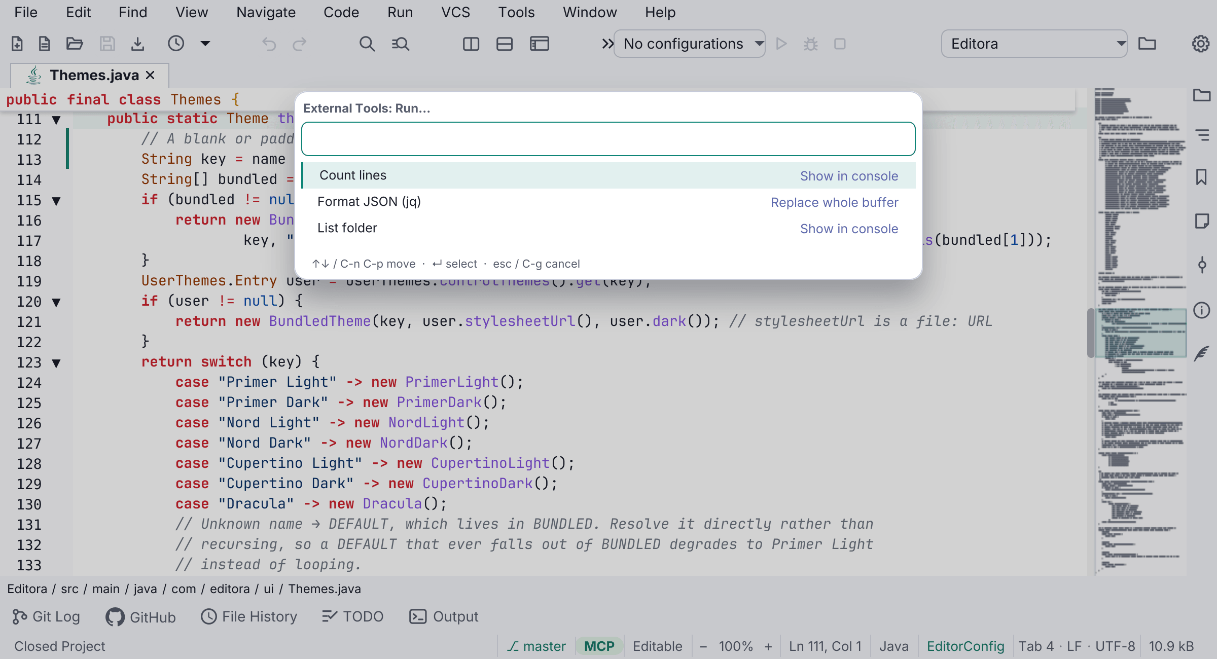 External tools in Editora