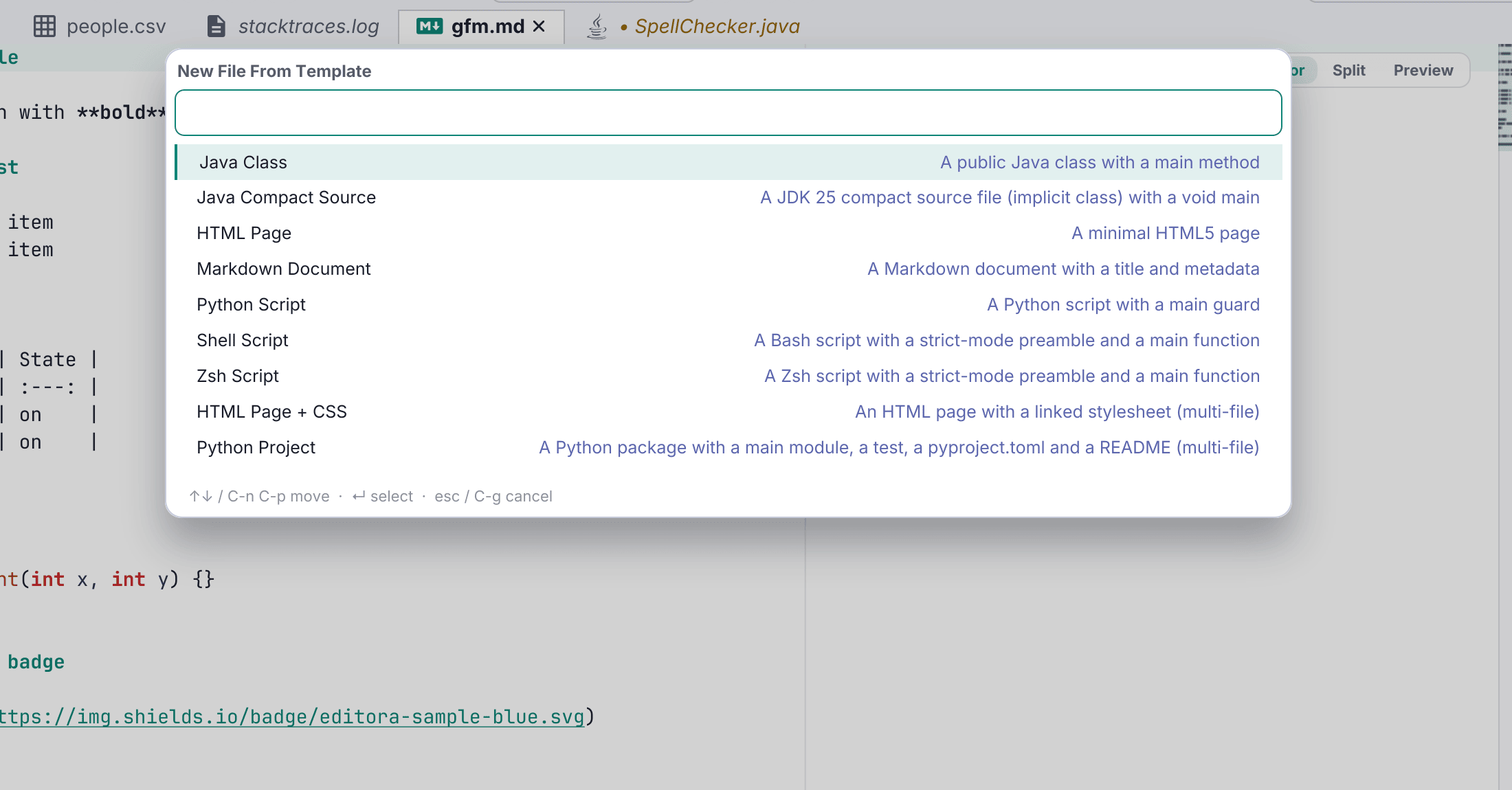 File templates in Editora