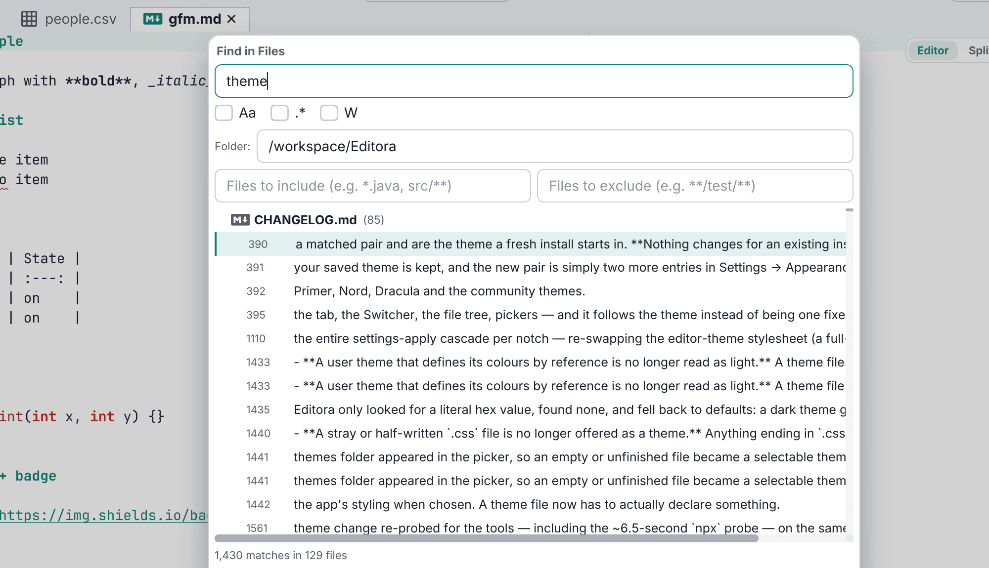 Find in files in Editora
