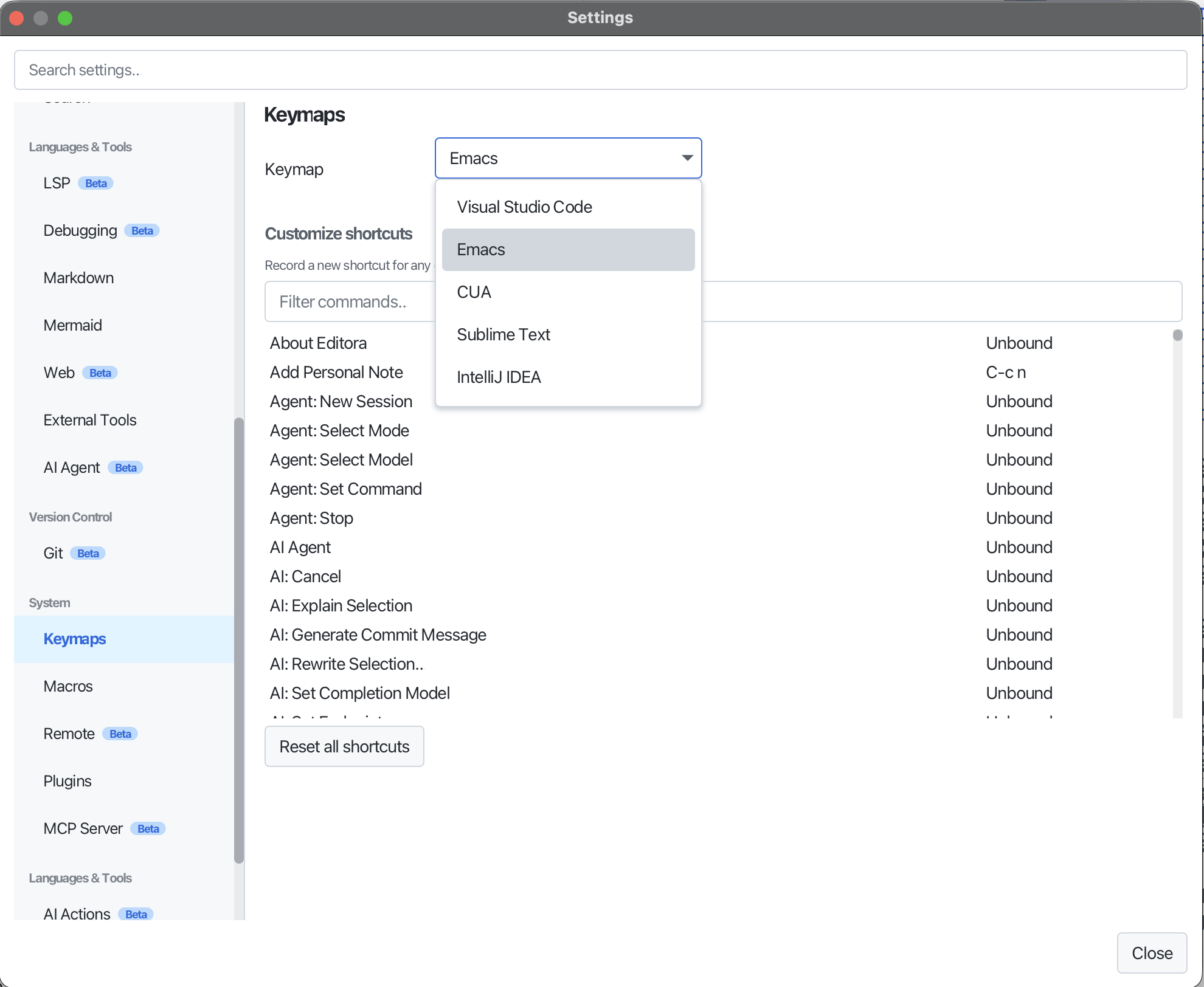 Keymaps your way in Editora