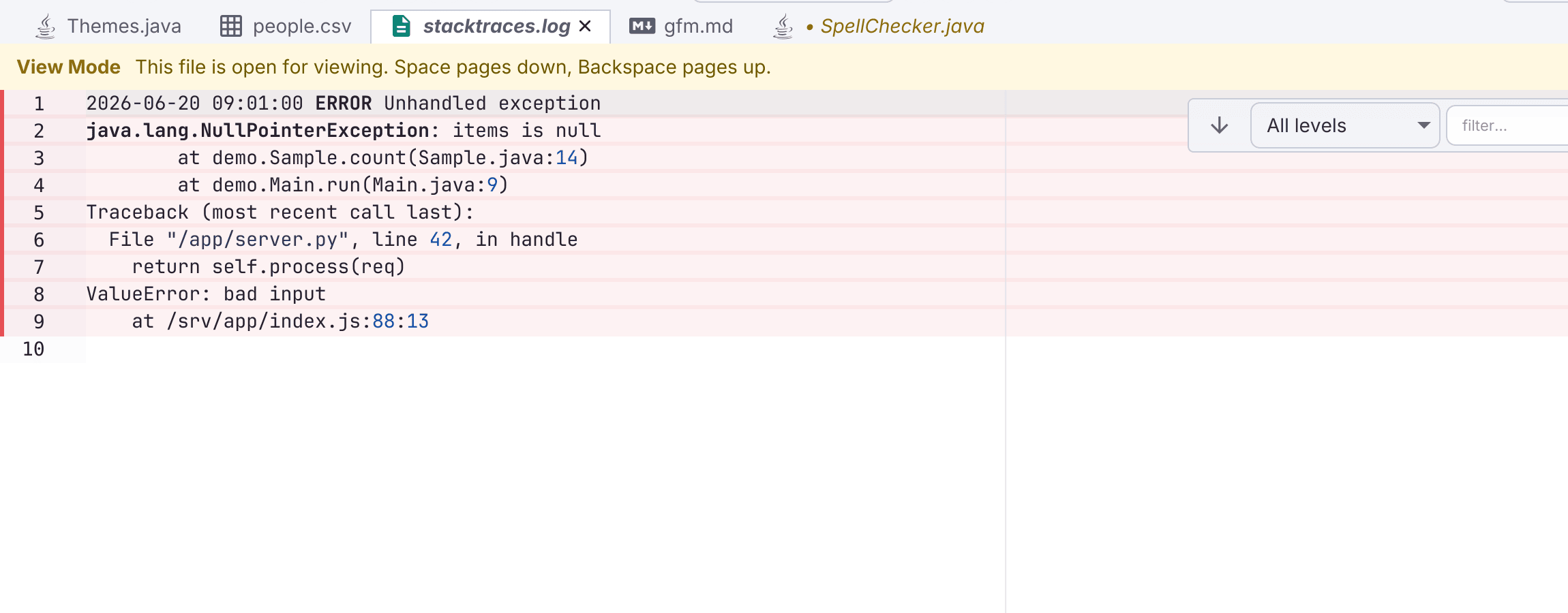 Server log viewer in Editora