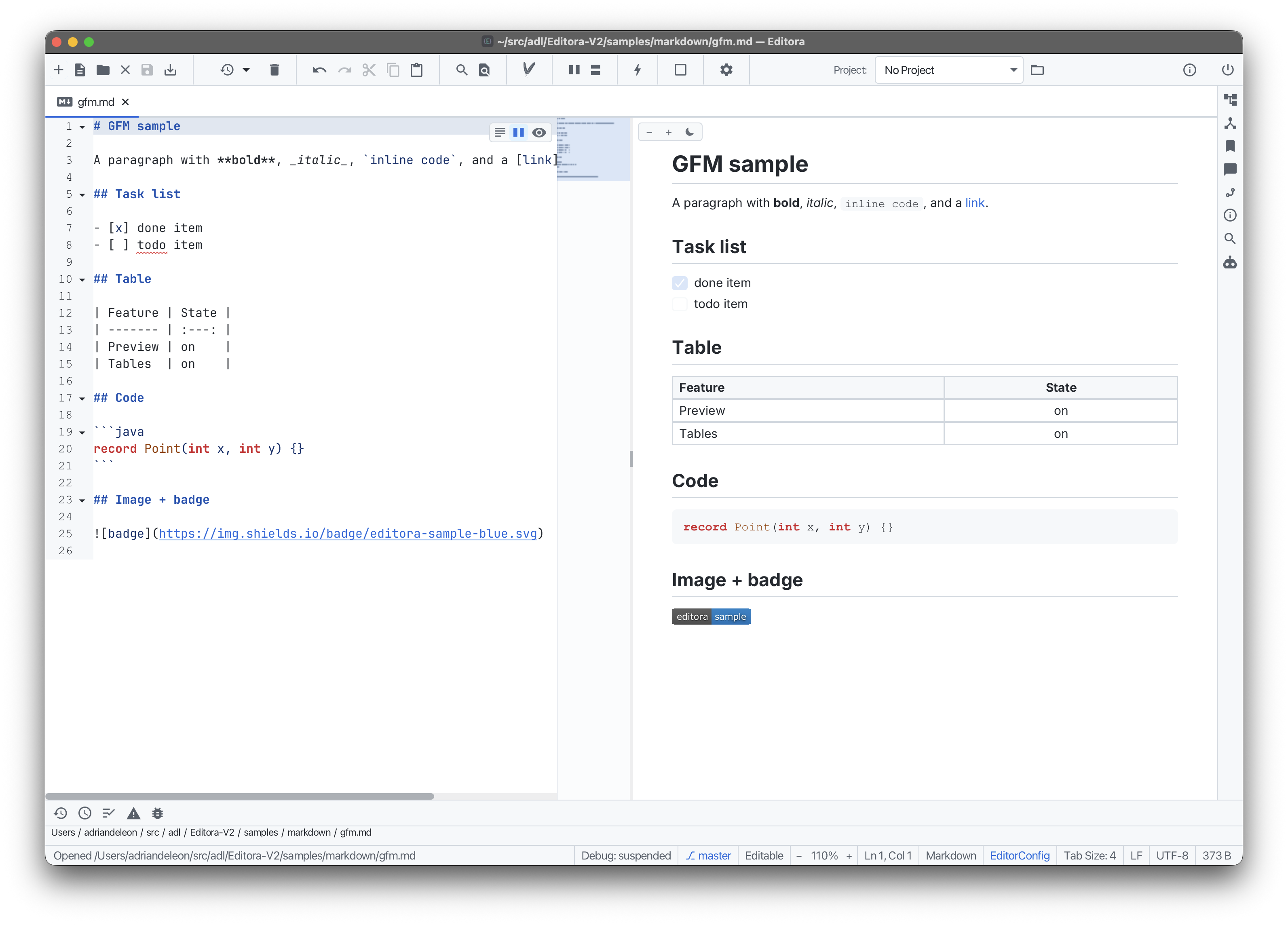 Markdown preview in Editora