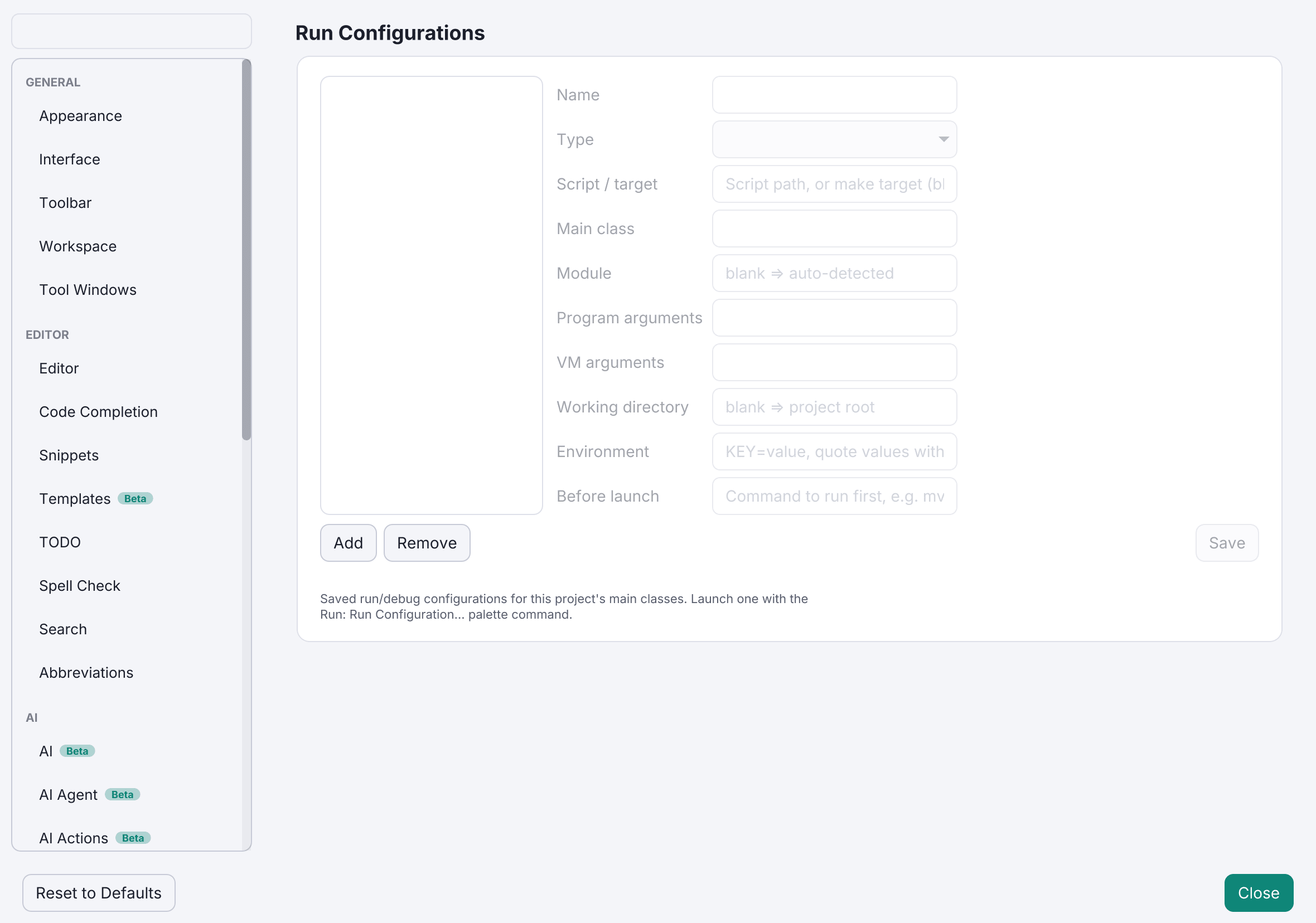 Run configurations in Editora