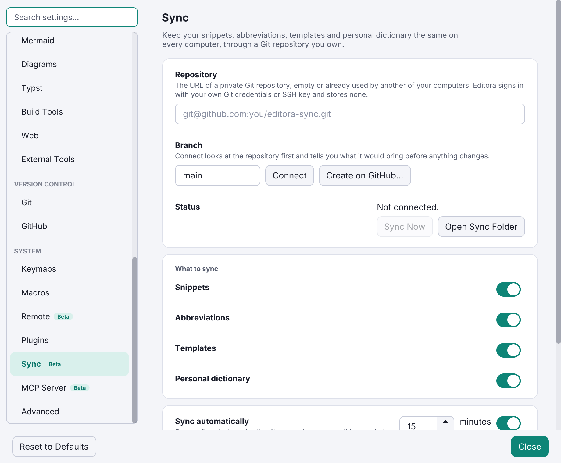 Settings sync in Editora